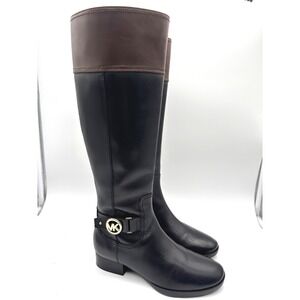 Michael Kors Women Harland Black Brown Leather Equestrian Tall Riding Boots 6.5